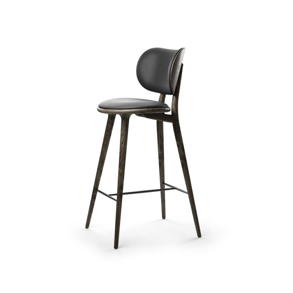 High Stool Backrest, H69cm, Sirka Grey Stained Solid Beech, Black leather seat