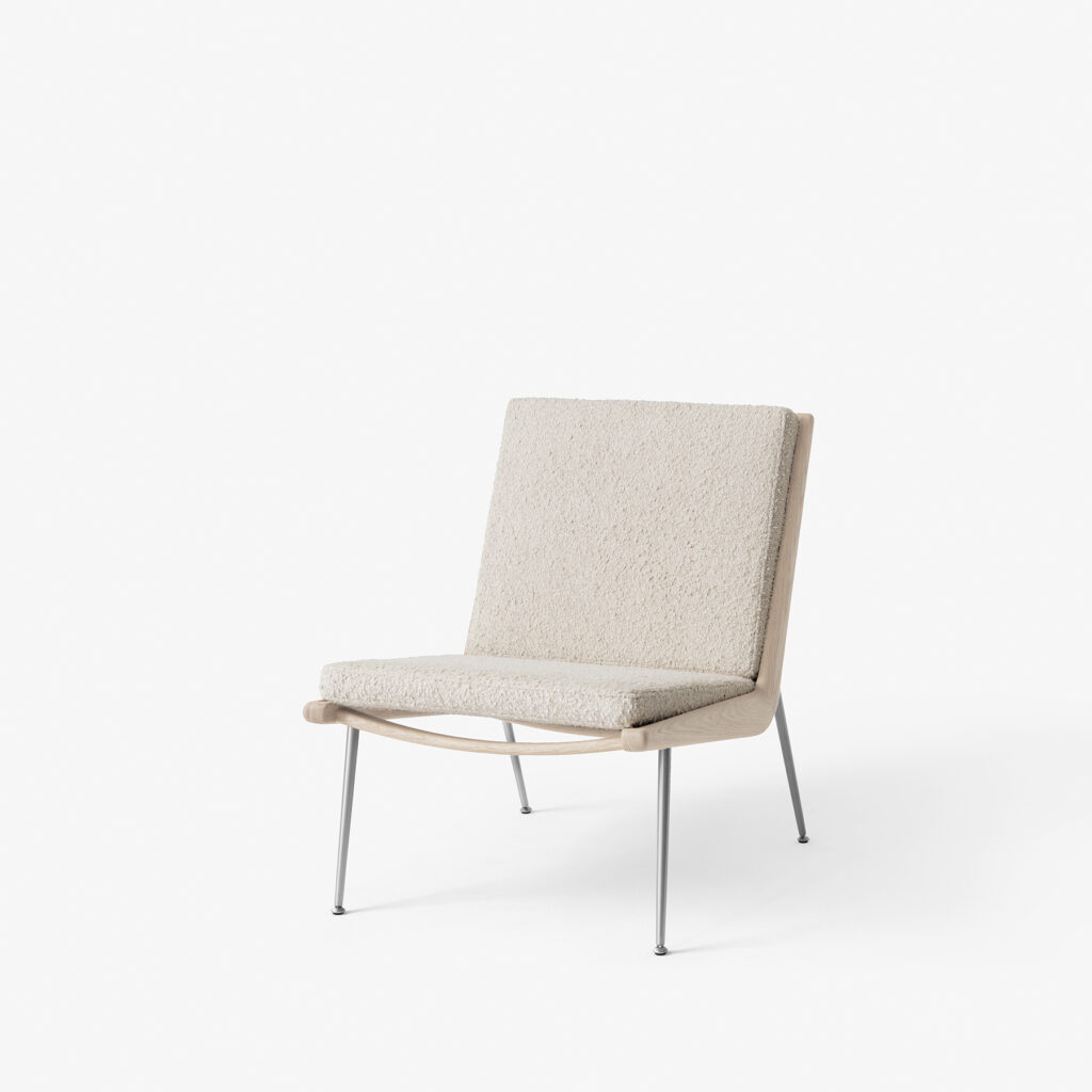 Boomerang Lounge Chair HM1 Back & seat UPHOLST cushions Oiled oak frame Stainless steel legs Plastic gliders