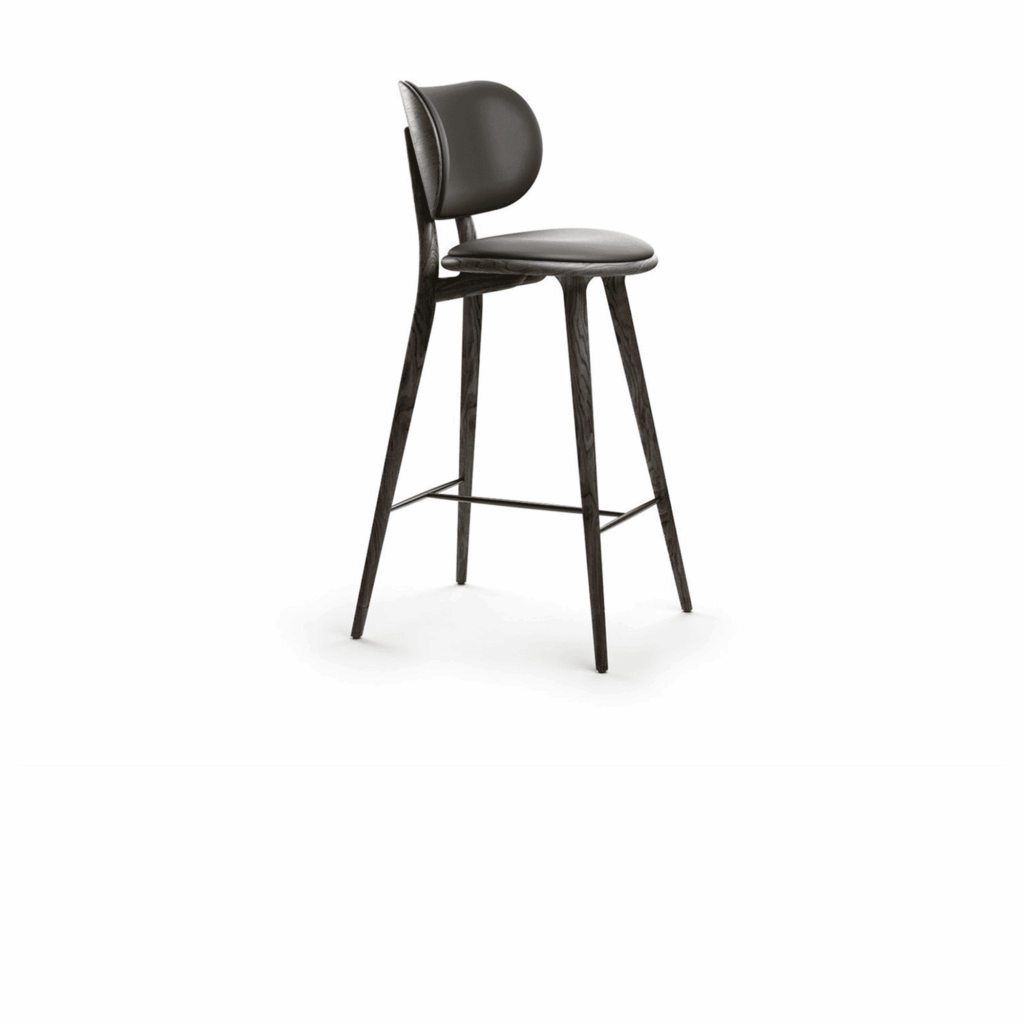 High Stool Backrest, H69cm, Sirka Grey Stained Solid Beech, Black leather seat