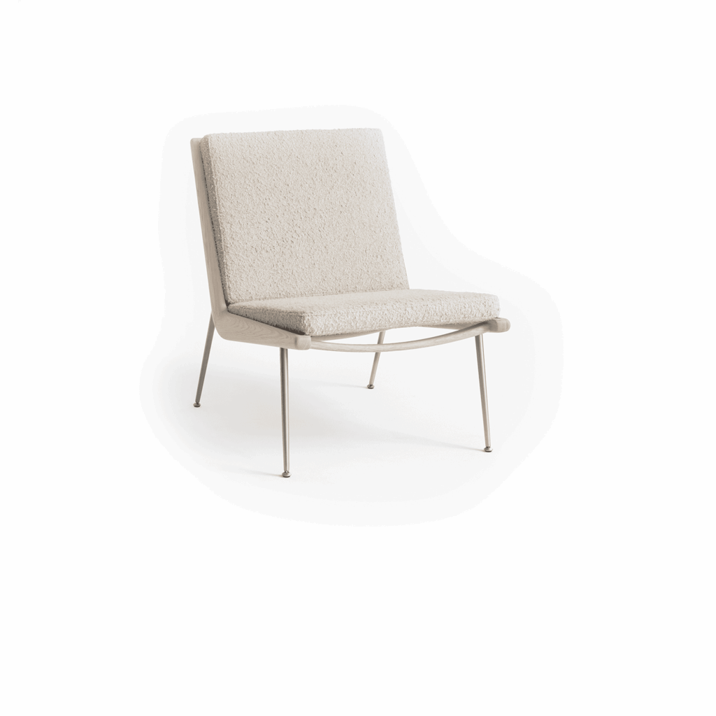 Boomerang Lounge Chair HM1 Back & seat UPHOLST cushions Oiled oak frame Stainless steel legs Plastic gliders