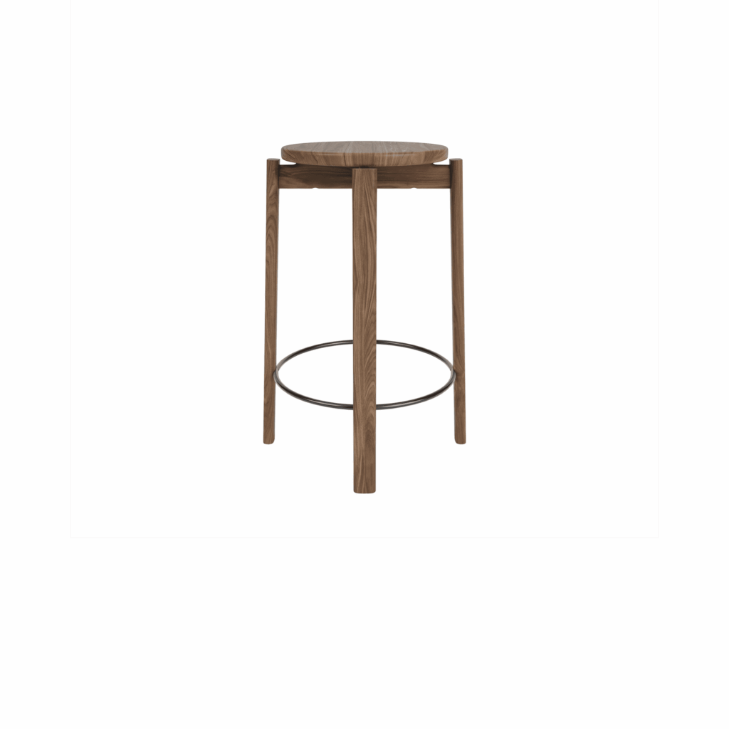 PASSAGE COUNTER STOOL, WALNUT BASE, SEAT UPHOLST WITH PC0T, BRASS RING