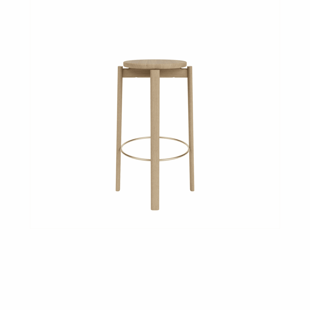 PASSAGE BAR STOOL, WALNUT BASE, SEAT UPHOLST WITH PC0T, BRASS RING