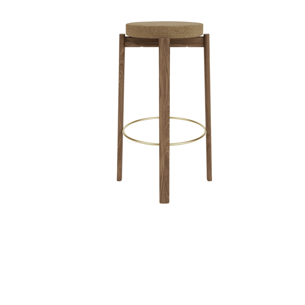 PASSAGE BAR STOOL, WALNUT BASE, SEAT UPHOLST WITH PC0T, BRASS RING