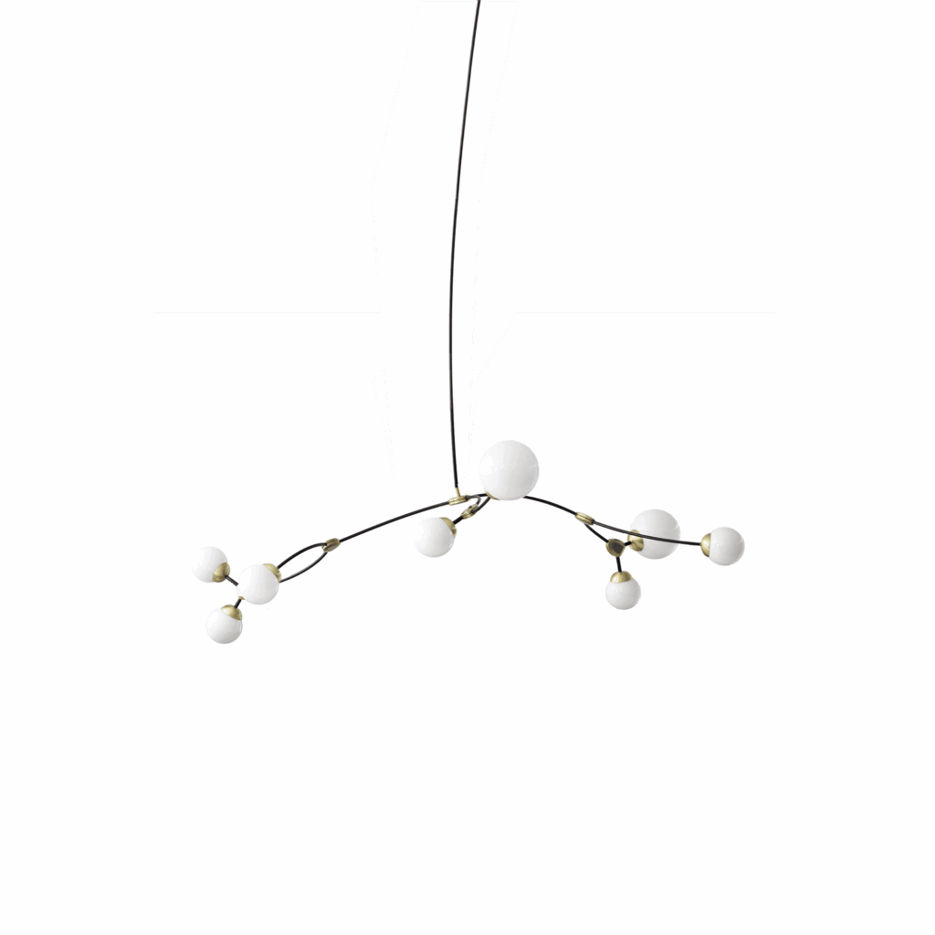 IVY PENDANT 8 with satin brass details and shiny opal glass, 180x100cm
