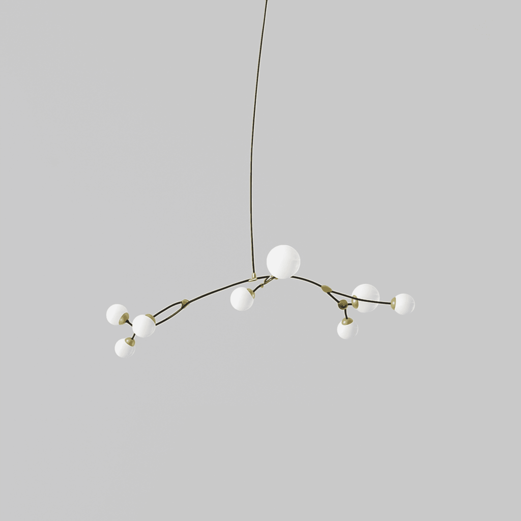 IVY PENDANT 8 with satin brass details and shiny opal glass, 180x100cm