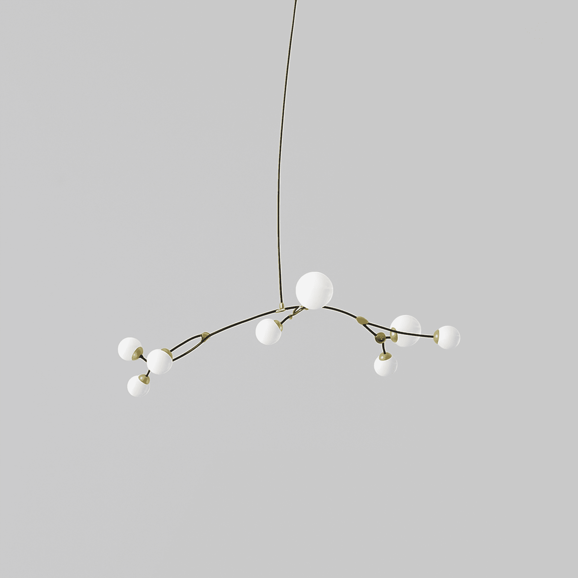 IVY PENDANT 8 with satin brass details and shiny opal glass, 180x100cm